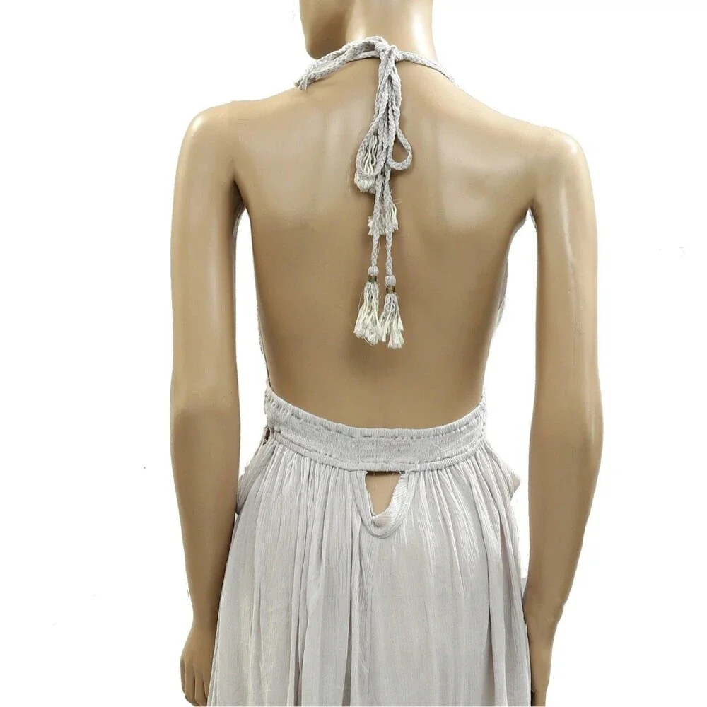 🦋 Free People Look Into the Sun Maxi Dress Halter Cutout Smocked Gray L 286457 - Picture 3 of 4